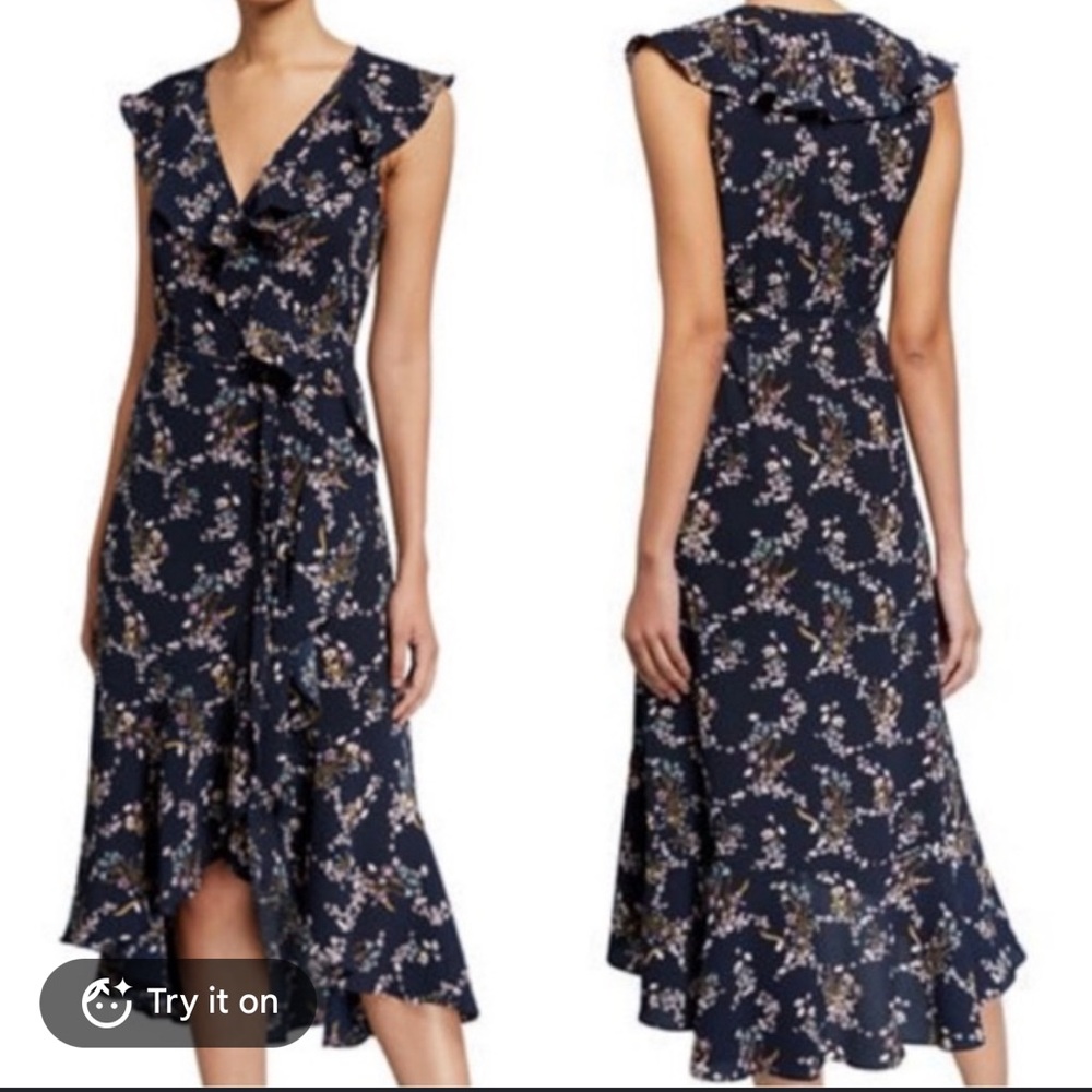 Max Studio blue floral wrap dress, hi low with ruffle size small